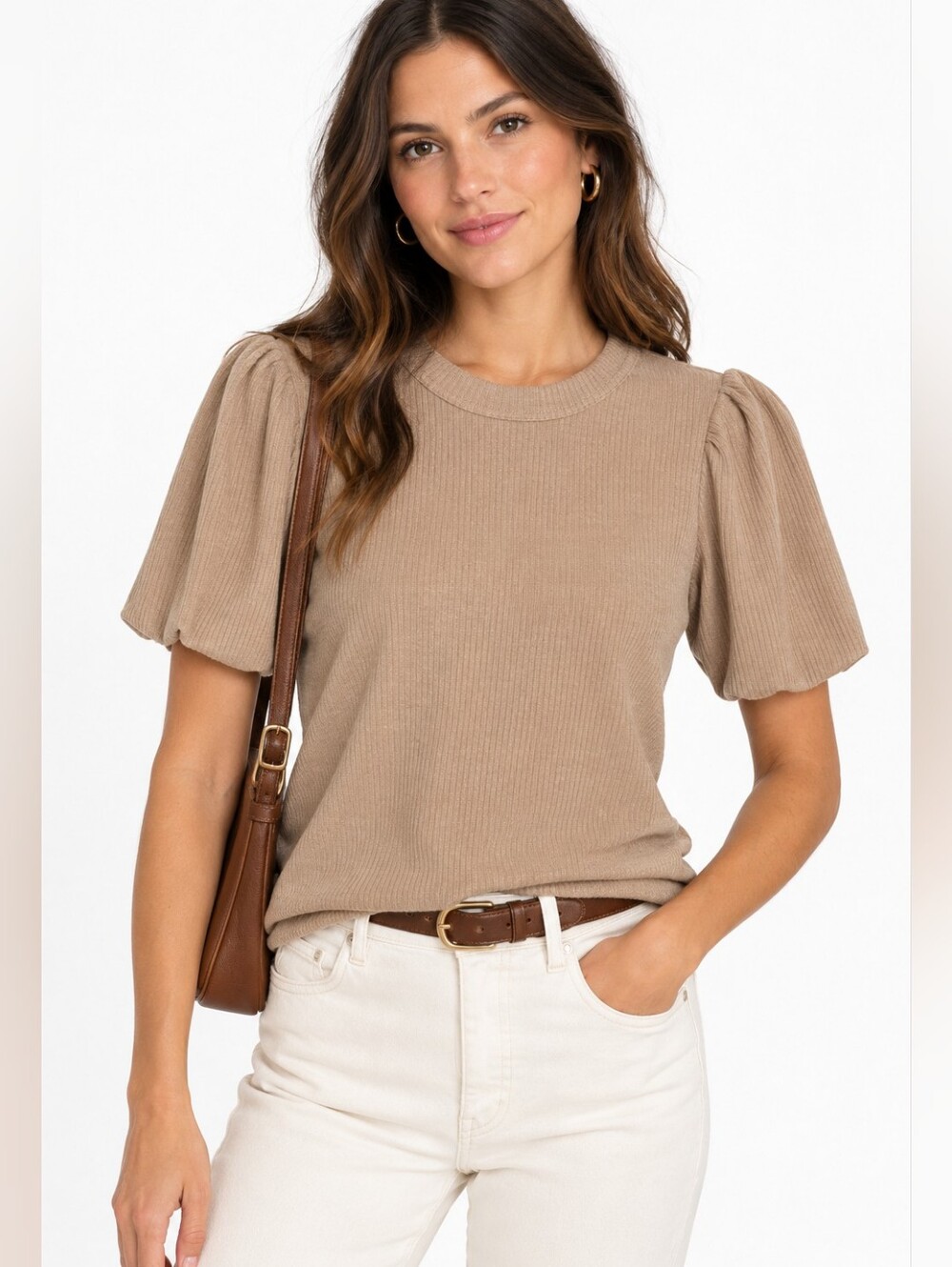 Faherty ribbed crewneck short sleeve puff sleeve tee in tan brown top
